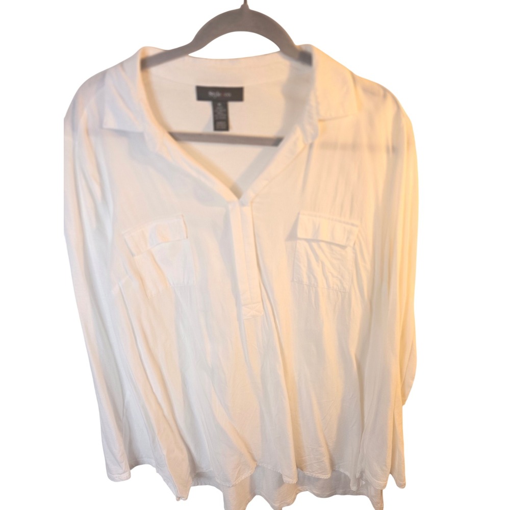 Style & Co Womens XL White Long Sleeve Split Neck Blouse Mixed Media Top